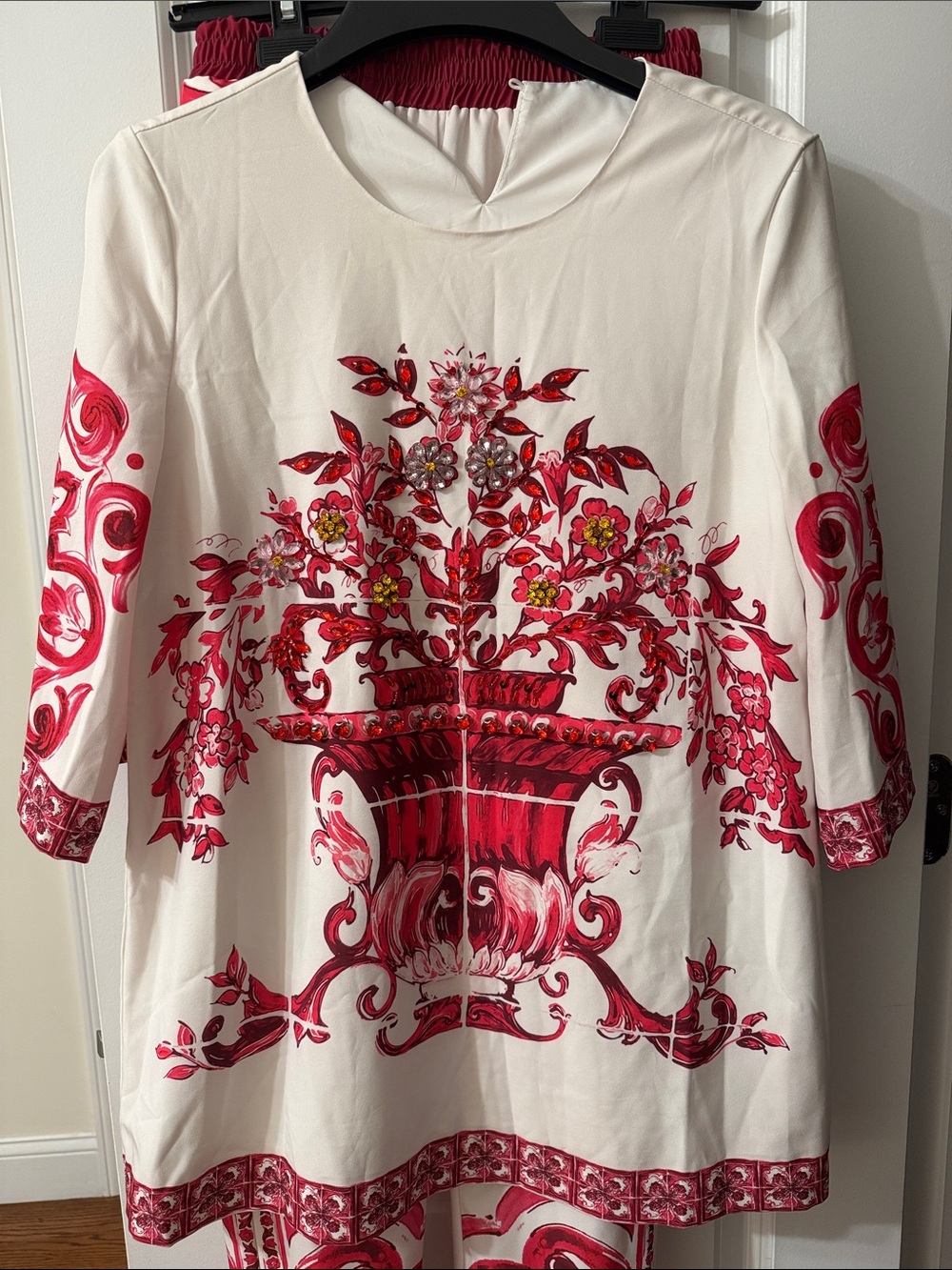 White Tunic Top with Red Floral Print Set
